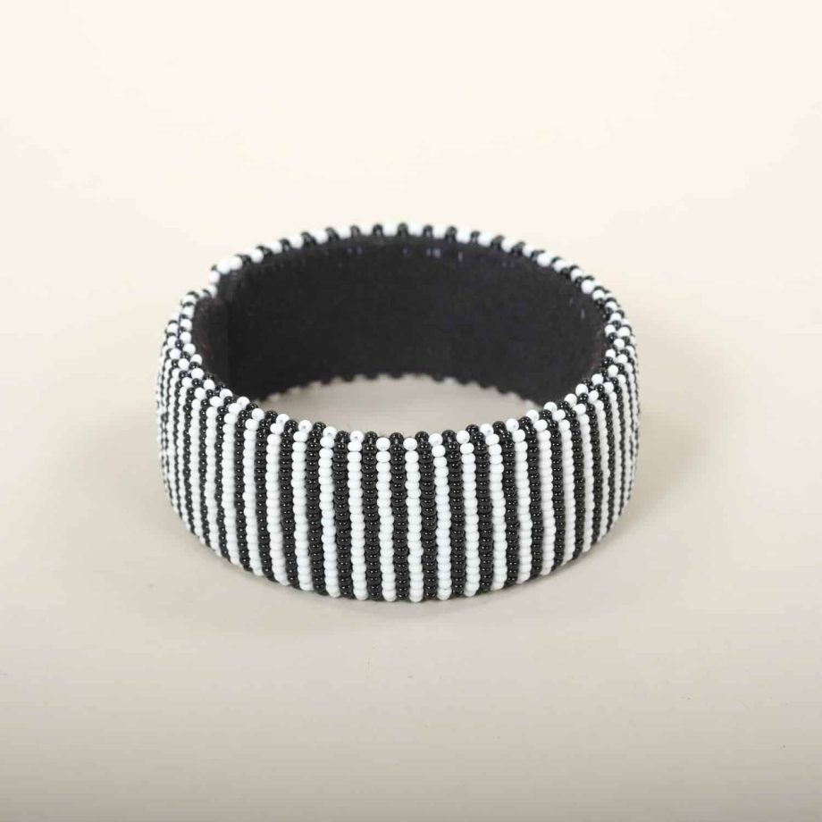 Bracelet noir et blanc, motif ligne, en perles de verre, zoulou, Afrique du Sud, ASART